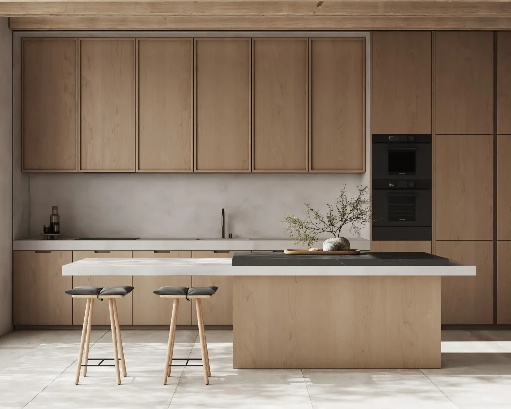 Render cocina moderna con tonos neutros.