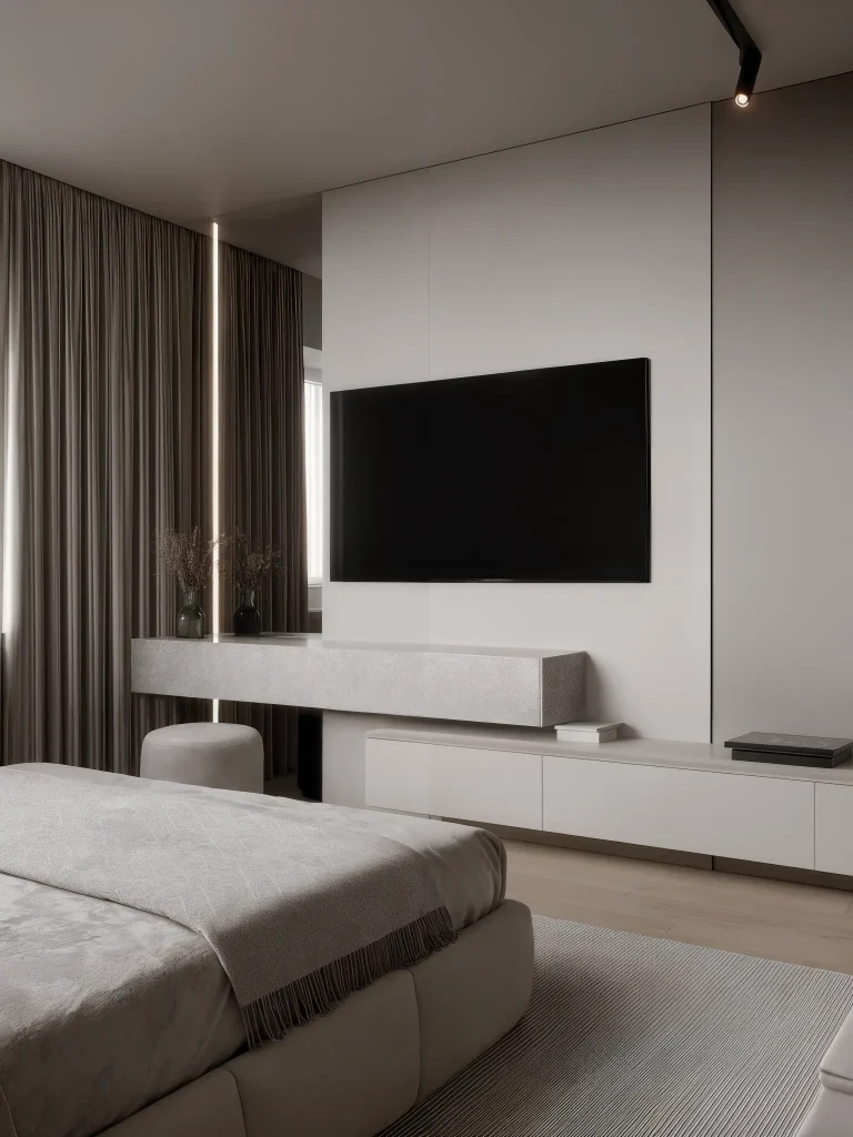 Render interior de un dormitorio moderno con televisor y cortinas