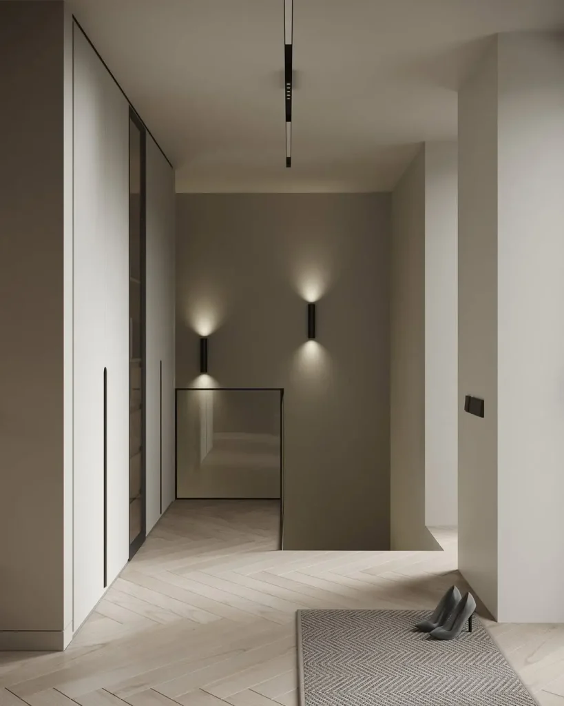 Render interior de un pasillo moderno con iluminación suave