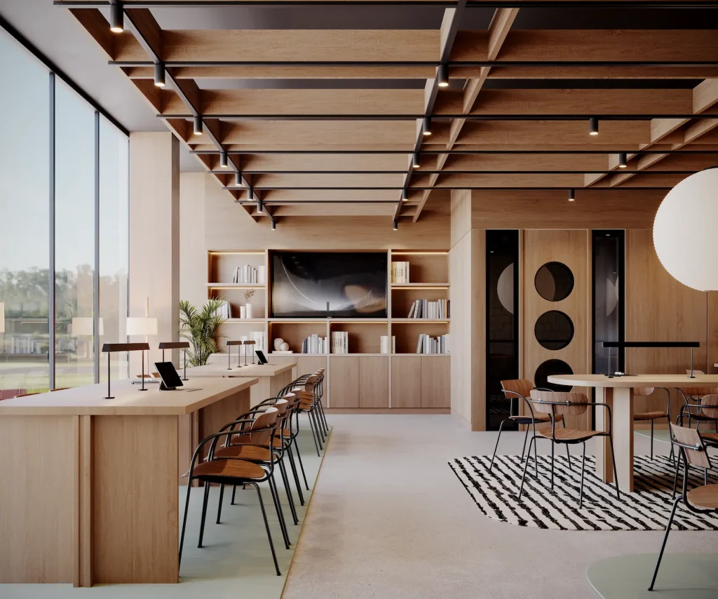 Render interior de un espacio de trabajo moderno y luminoso.