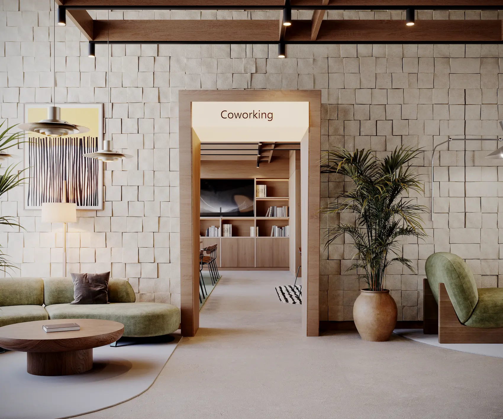 Renders interiores de un espacio moderno de coworking elegante