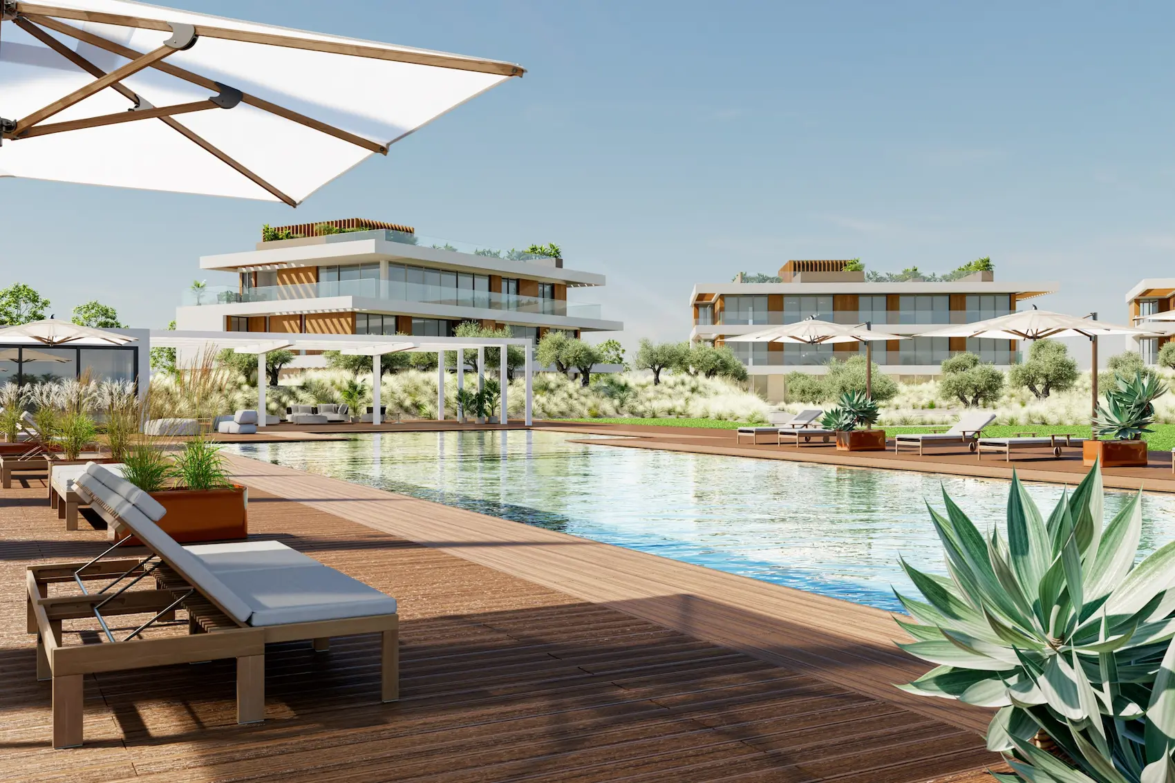 Render de la zona comunitaria de unos bloques de pisos