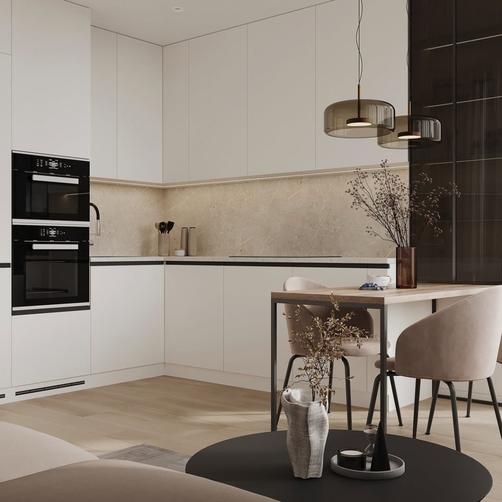 Render Interior de una cocina moderna y minimalista en tonos claros.