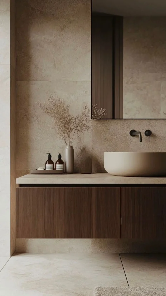 baño japandi moderno con tonos madera