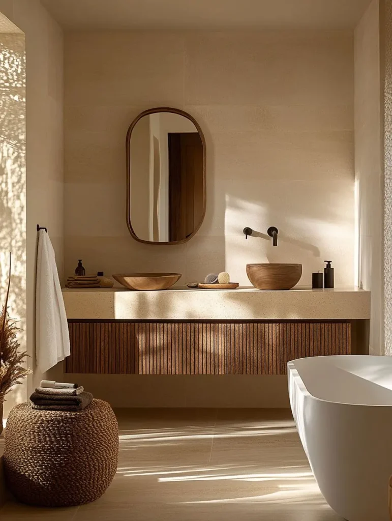 Baños japandi con luz cálida y tono madera
