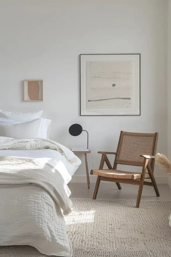 Dormitorio japandi con un sillon de madera al lado de la cama