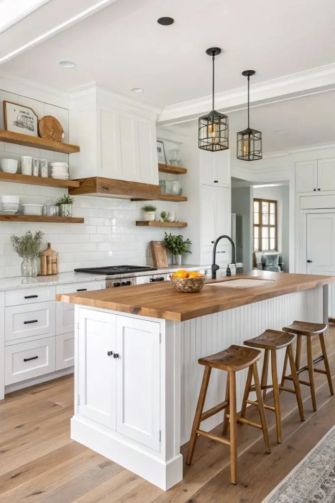 Cocina de estilo cottage combinando madera y muebles balncos