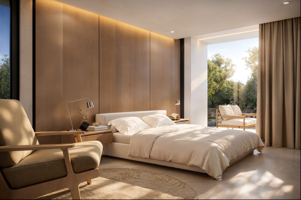 Render interior de una habitación moderna y minimalista con luz