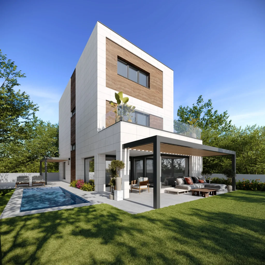 Render exterior de una vivienda unifamiliar