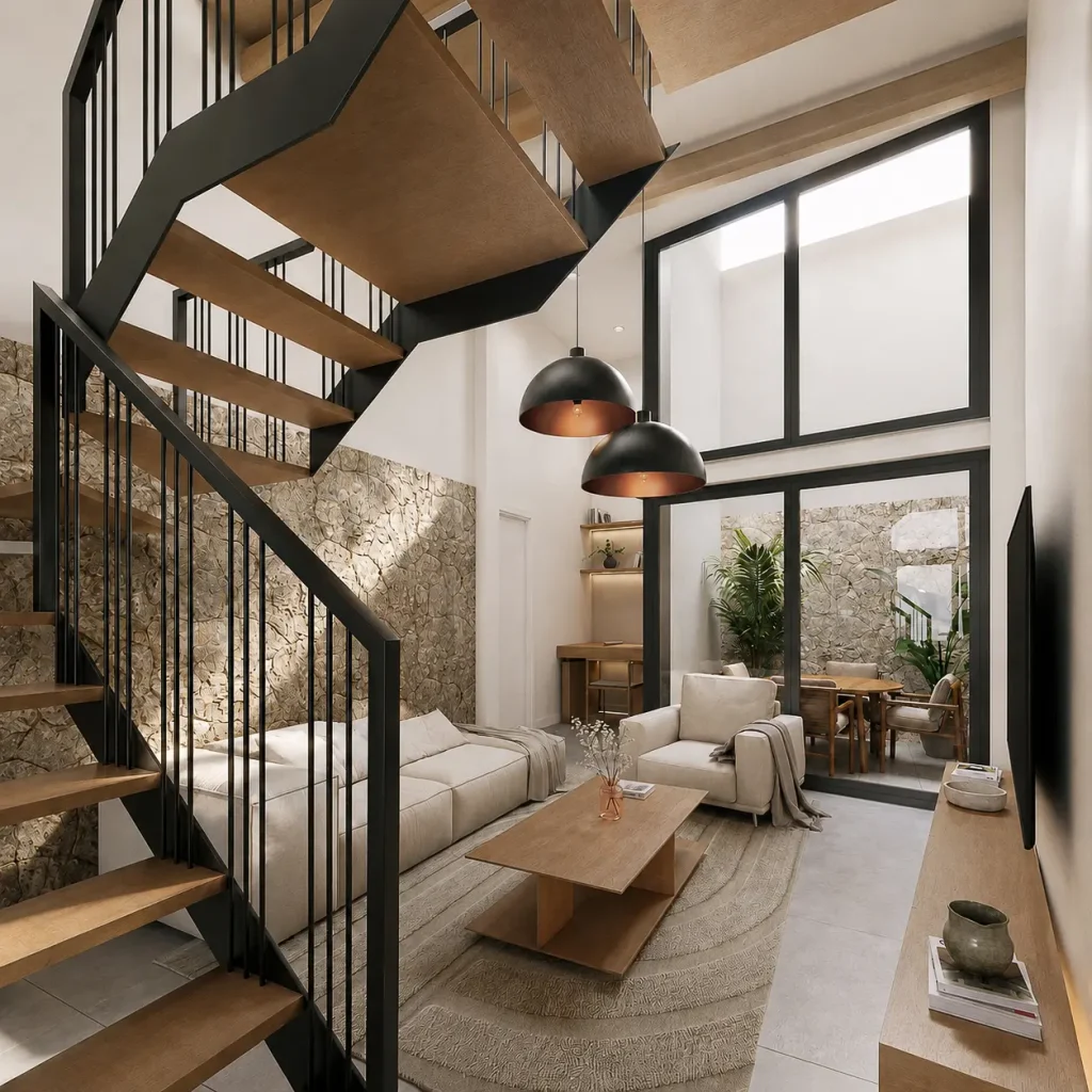 Render salón estilo rústico