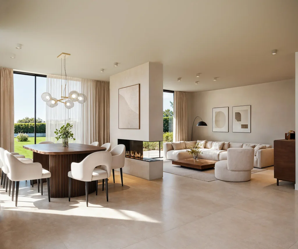 Render salón abierto minimalista con chimenea